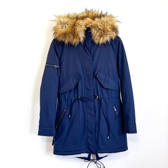 S13 New York Ultra Tech Field Womens Parka Coat Size XS Blue Faux Fur Hooded Zip - Picture 1 of 16
